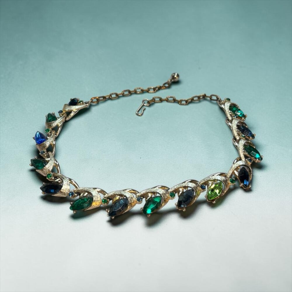 Peacock Blue Green Rhinestone Choker Necklace Atomic Mid Century Glam